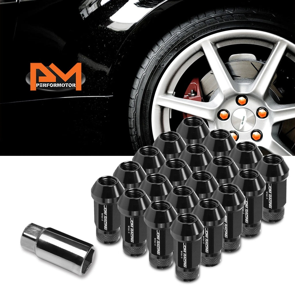 Set of 20 M12X1.5 Black JDM Open End Cone Seat Wheel Lug Nuts + 25mm Extension