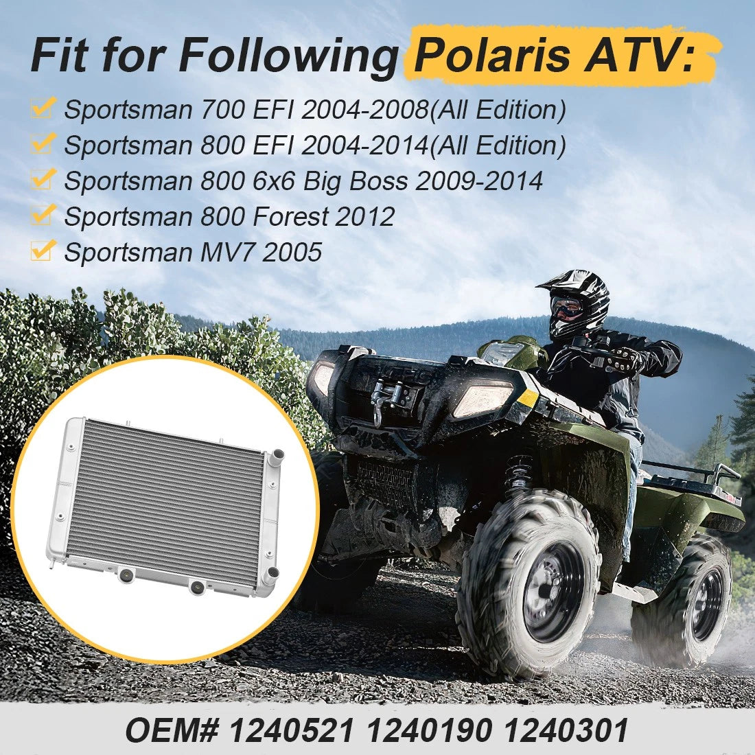 Aluminum Radiator for Polaris Sportsman 800 EFI (2004–2014) 1240521 1240301 1240190