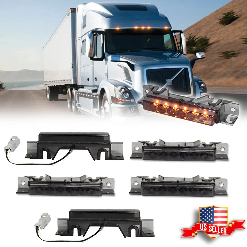Set of 5 Smoked Lens Amber LED Cab Roof Marker Lights for Volvo VN/VNL (2003–Present)