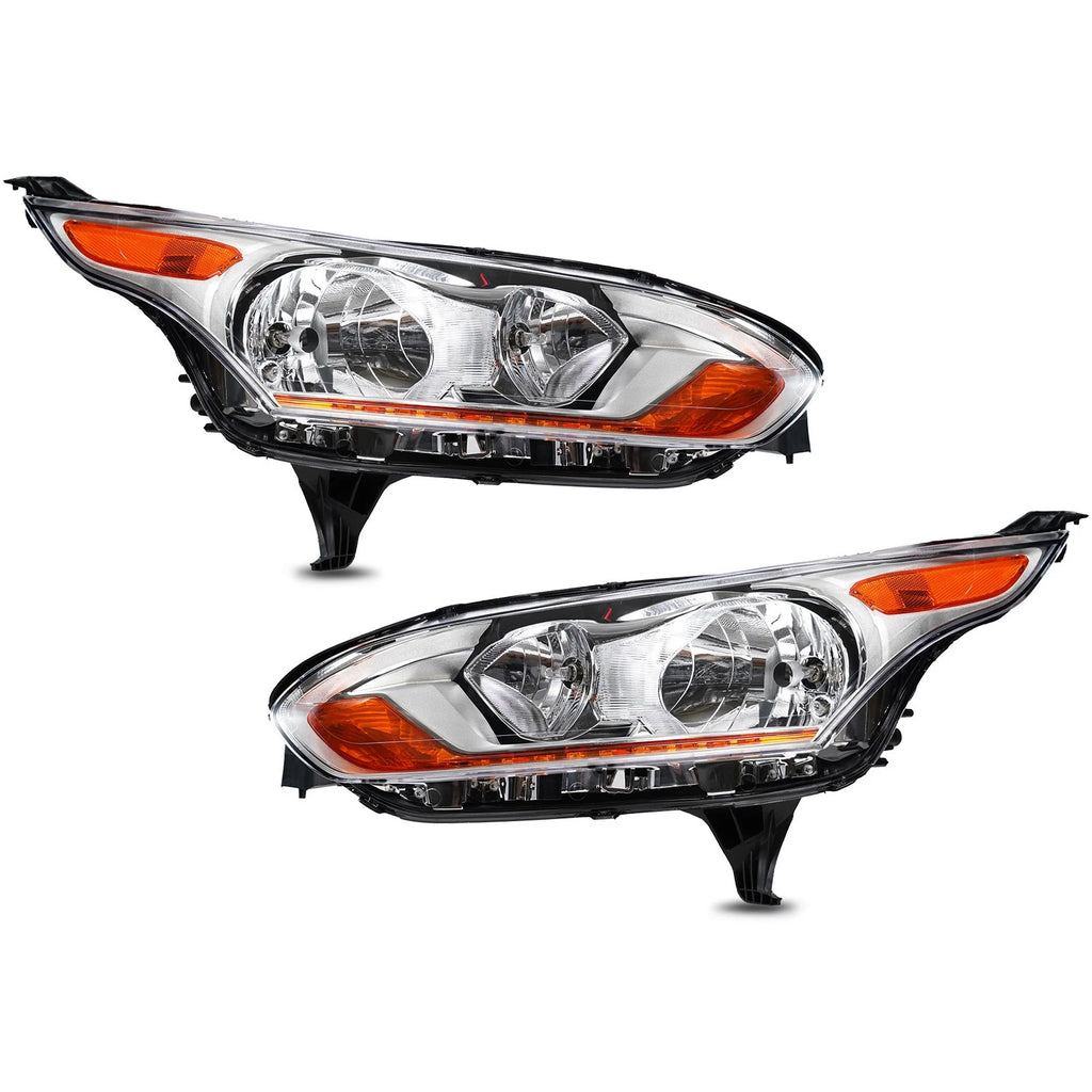 Set of 2 Halogen Headlights for Ford Transit Connect (2014–2018) Chrome w/ Bulb