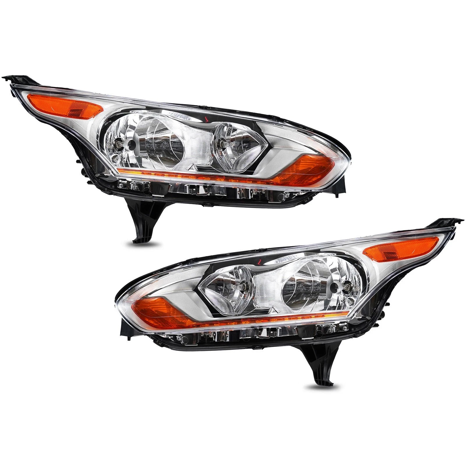 Set of 2 Halogen Headlights for Ford Transit Connect (2014–2018) Chrome w/ Bulb