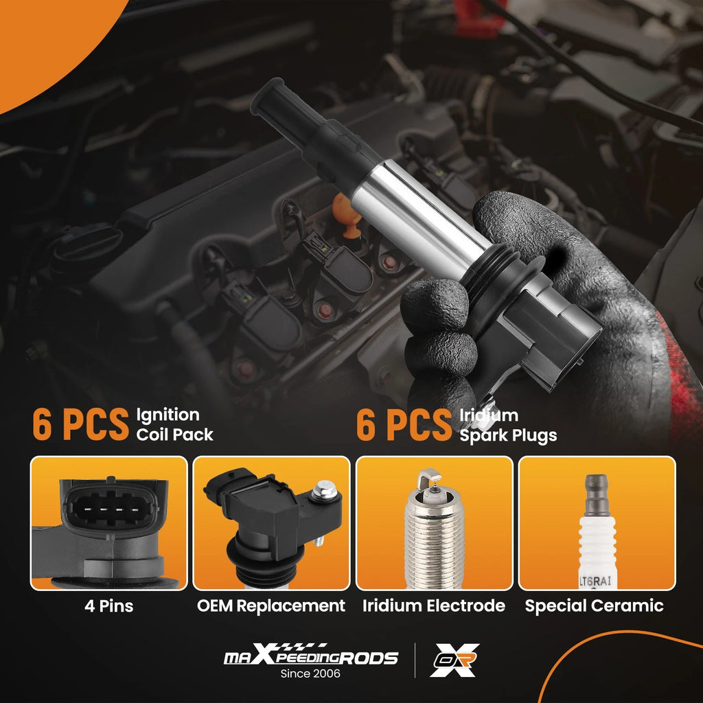 Pack of 6 Ignition Coils + Spark Plugs for Cadillac CTS Chevrolet GMC Buick (2003–2019) UF375