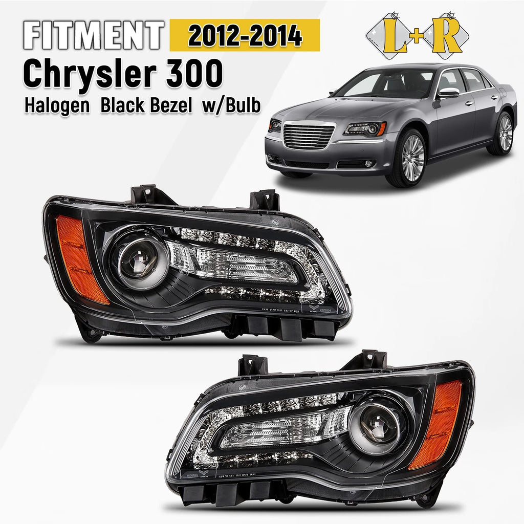 Set of 2 Halogen Headlights with Black Bezel for Chrysler 300 (2012–2014)