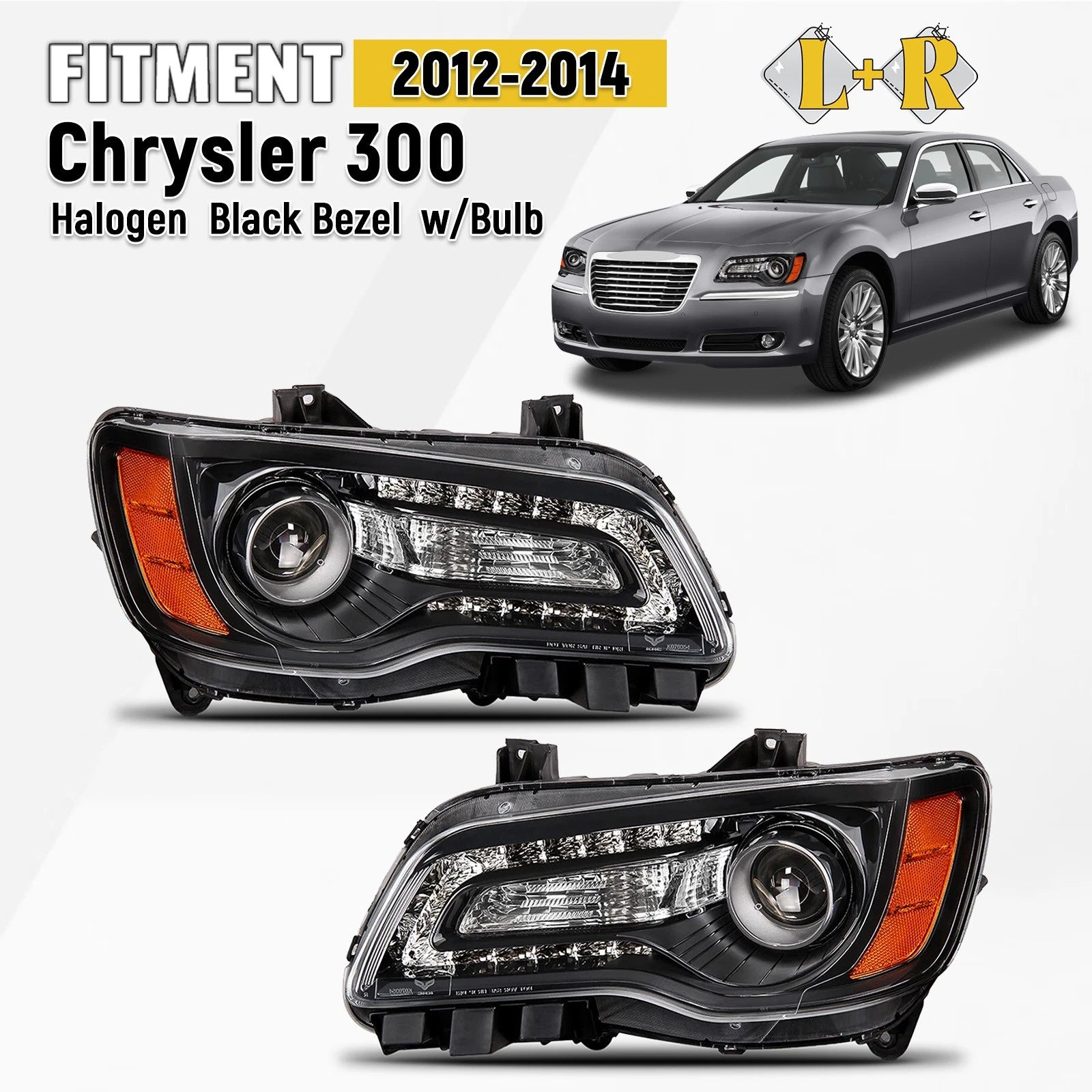 Set of 2 Halogen Headlights with Black Bezel for Chrysler 300 (2012–2014)