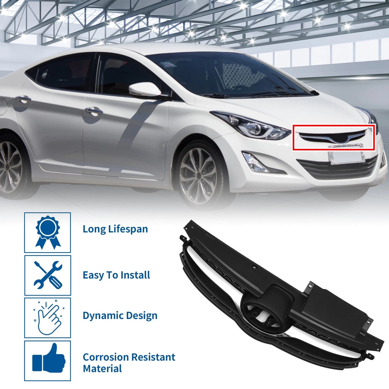 Front Upper Bumper Grille for Hyundai Elantra (2014) Black Chrome