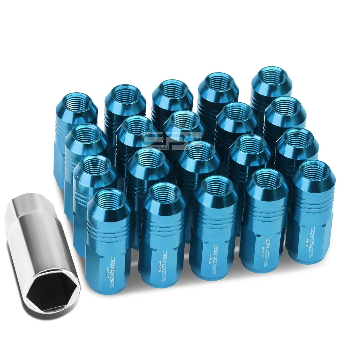 Set of 20 Closed End M12x1.5 50mm Tall Sky Blue Aluminum Lug Nuts + Adapter