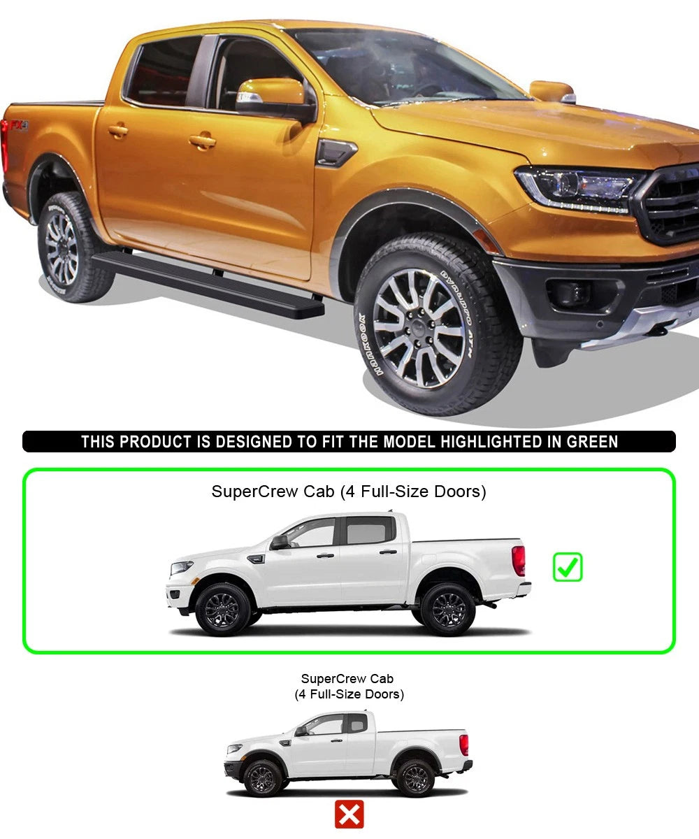 Running Boards for Ford Ranger SuperCrew Cab (2019-2026) - 6 Inch Matte Black