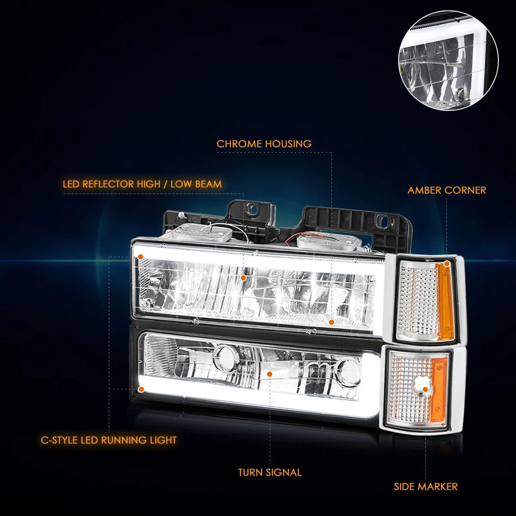 C-Shape LED DRL Headlights for GMC C/K Pickup Suburban Yukon (1994–2000)