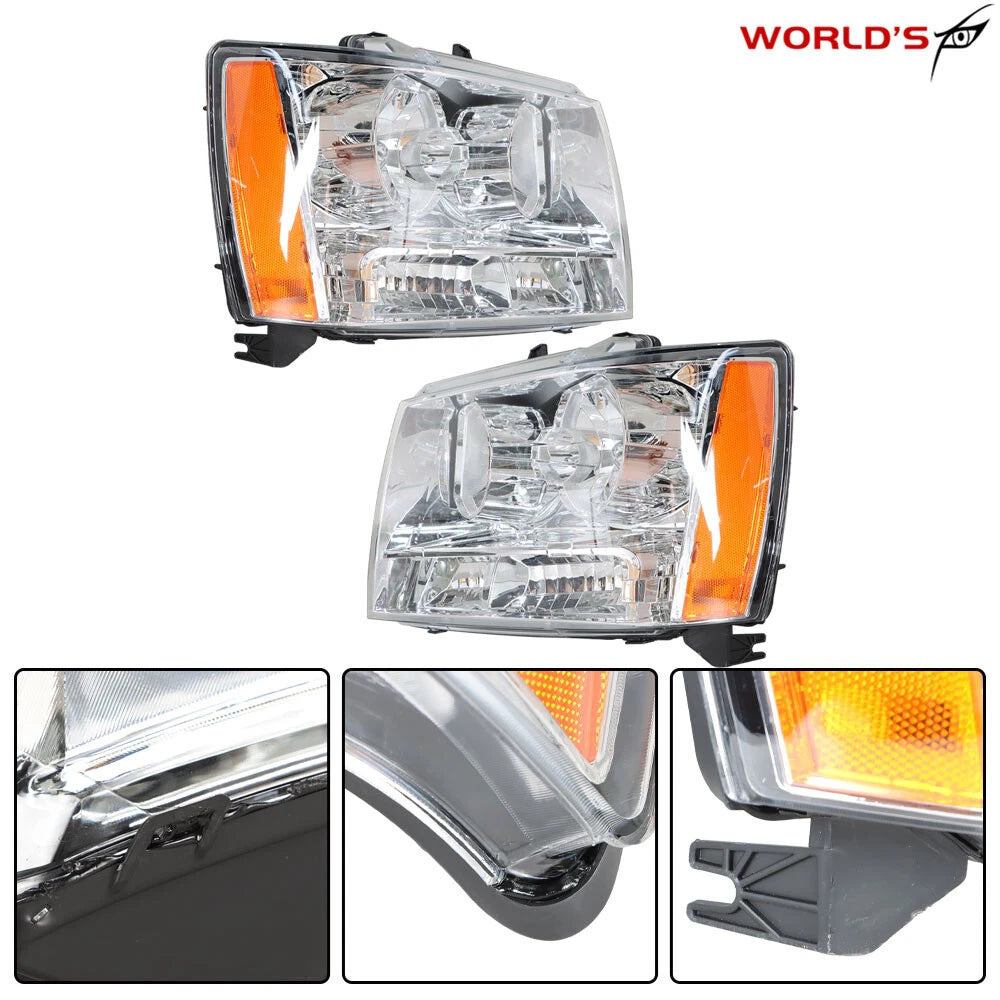 Set of 2 Headlights for Avalanche/Suburban/Tahoe (2007–2014) Chrome Amber