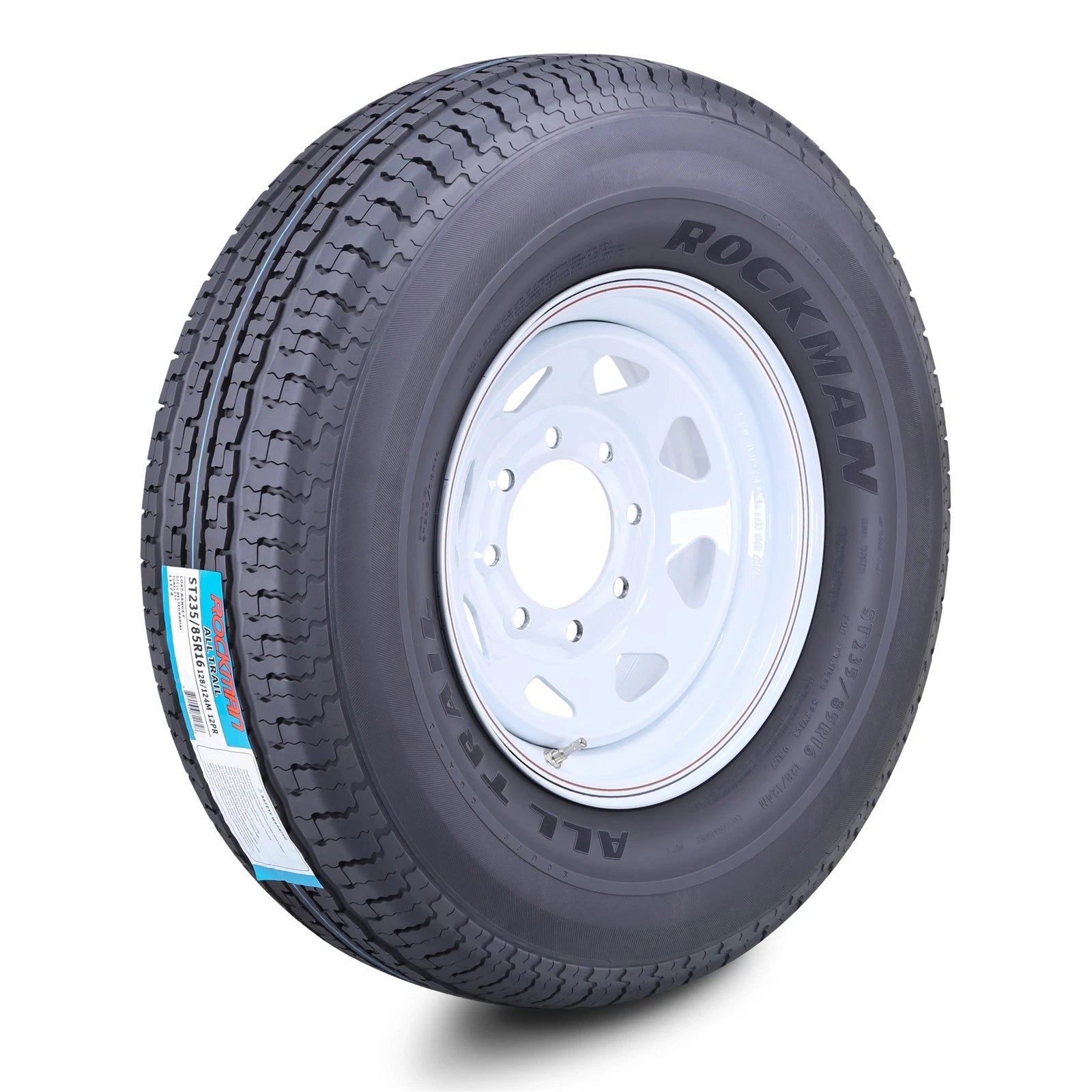 ROCKMAN ST235/85R16 12-Ply Trailer Tire & 8x6.5 White Spoke Rim for Trailer
