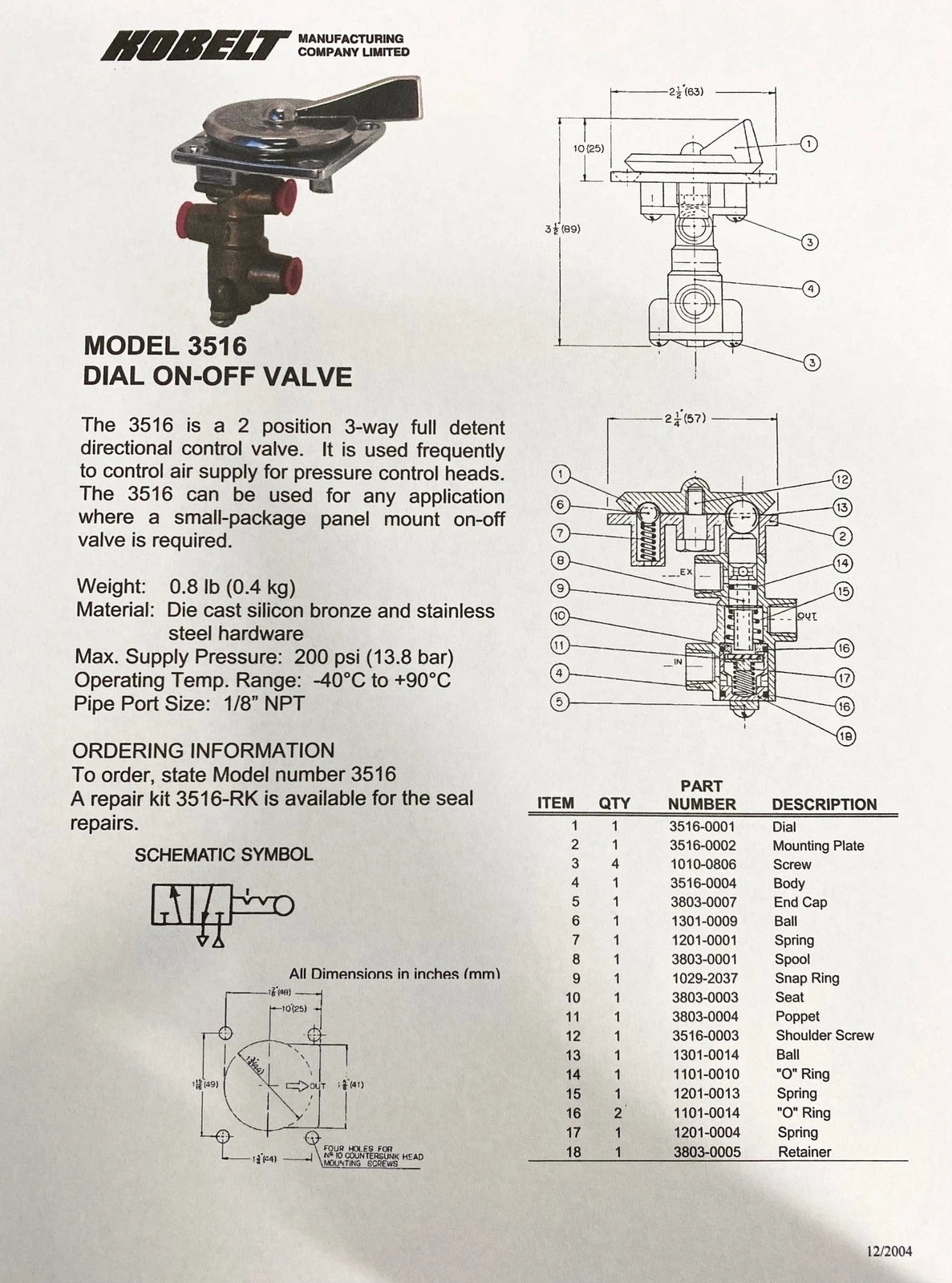 Kobelt 3516 Dial On/Off 3-Way Directional Control Valve for Automotive