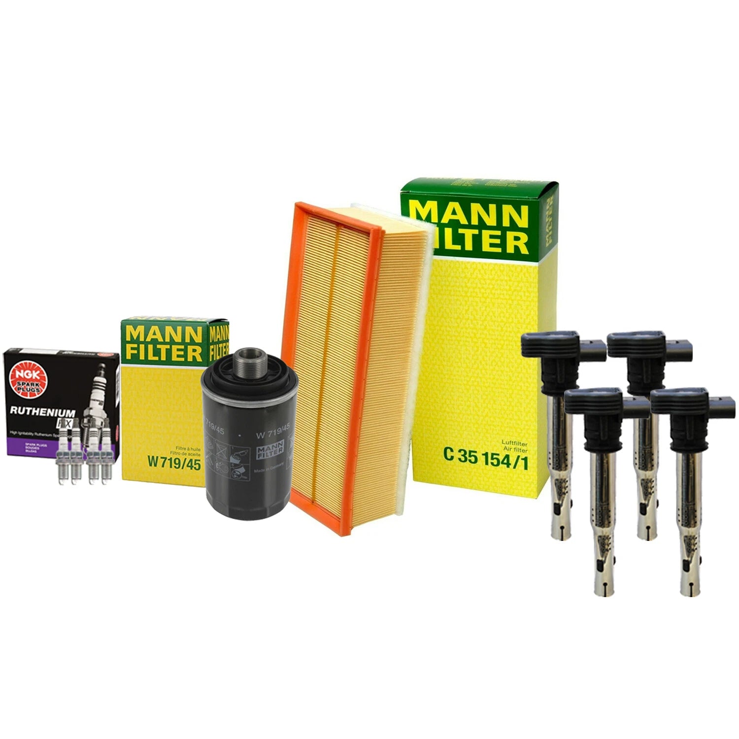 Tune Up Kit: 4 Mann Filters, 4 Denso Coils, 4 NGK Ruthenium HX for Audi