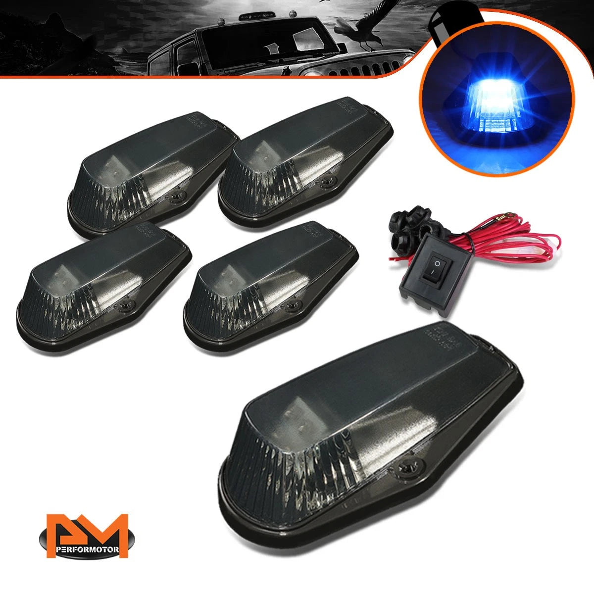 5Pcs Cab Roof Running Light with Switch Smoked Blue LED for F-Series (1980–1996)