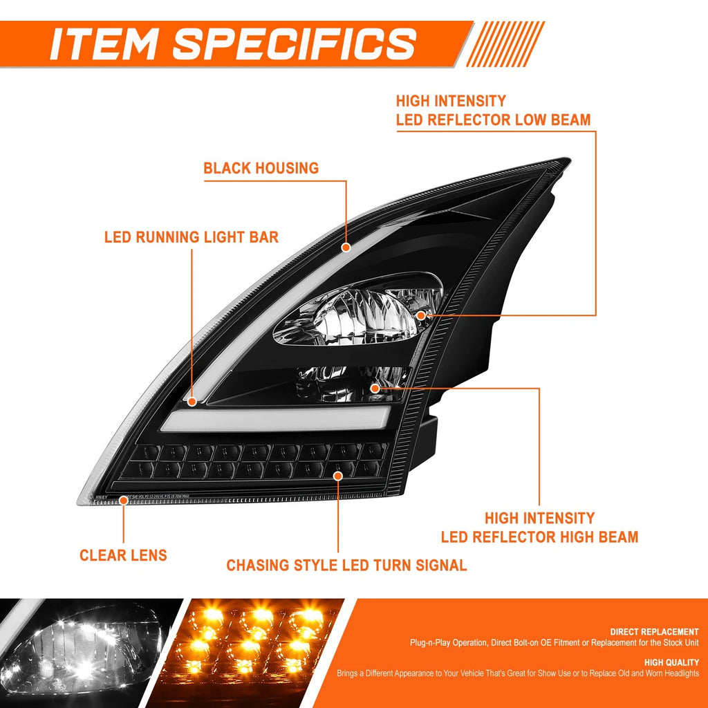 3D LED Bar Sequential Turn Signal Headlights for Volvo VN VNL 300-860 (2018–2024)
