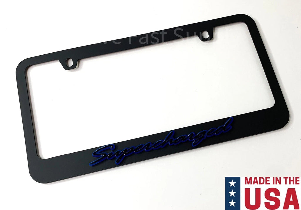 Matte Black Premium License Plate Frame w Blue Outline for Universal Vehicles