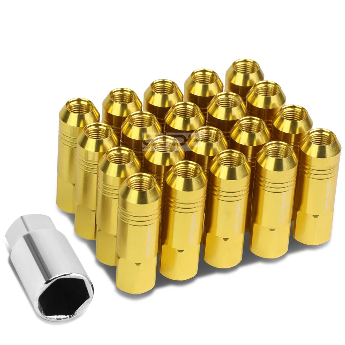 20 PCS Open End M12x1.25 60mm Tall Gold Aluminum Lug Nuts + Adapter