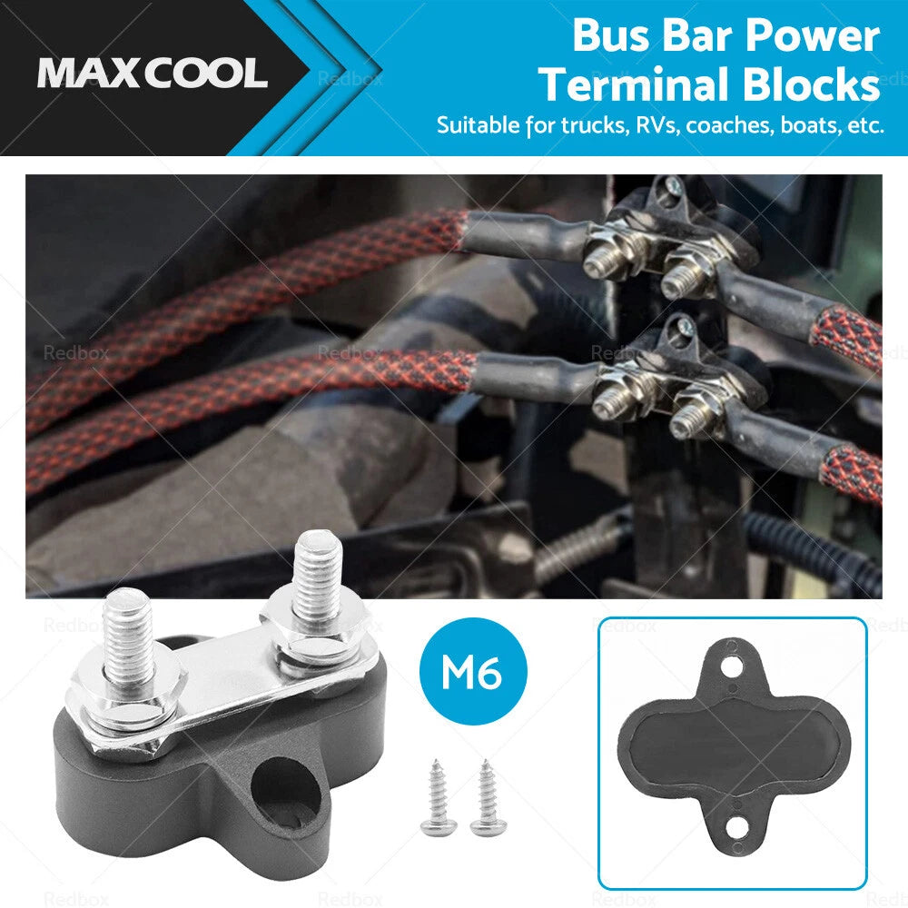 Dual M6 Power Distribution Bus Bar Terminal Block - Black