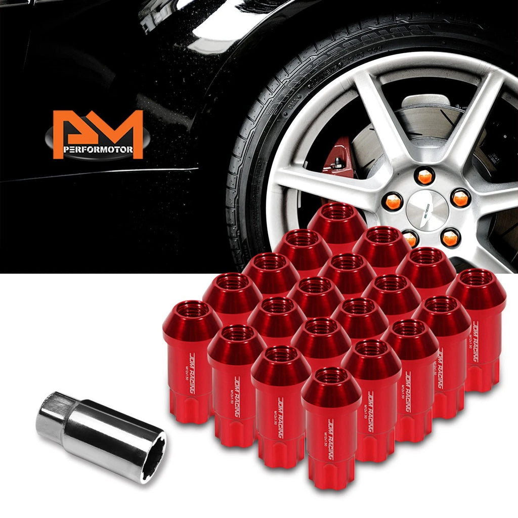 Set of 20 M12X1.5 Red JDM Open End Aluminum Spline Wheel Lug Nuts + Lock Key