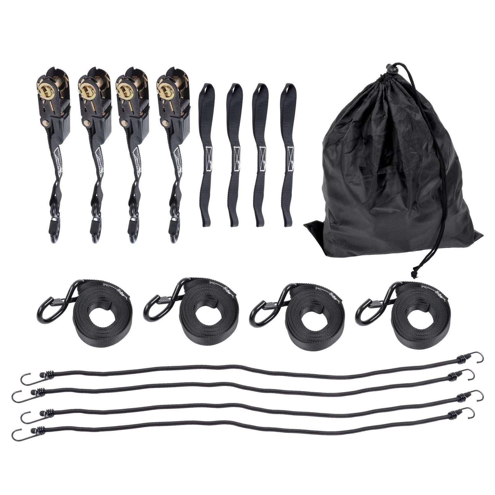 Set of 4 Ratchet Straps 1" x 15' 2200 lbs Break Strength with S Hooks
