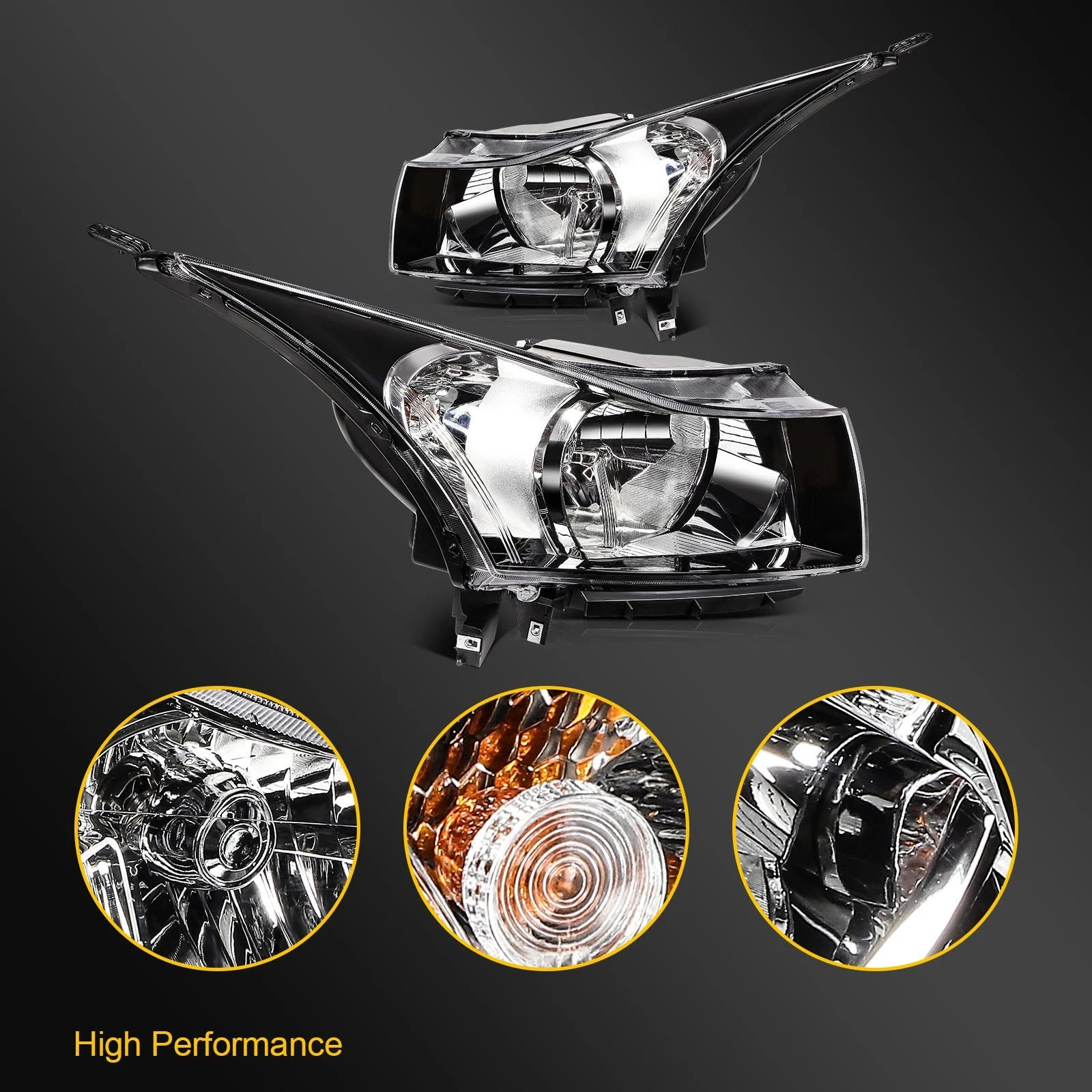 Set of 2 Headlight Assembly for Chevy Cruze (2011–2015) Black Housing