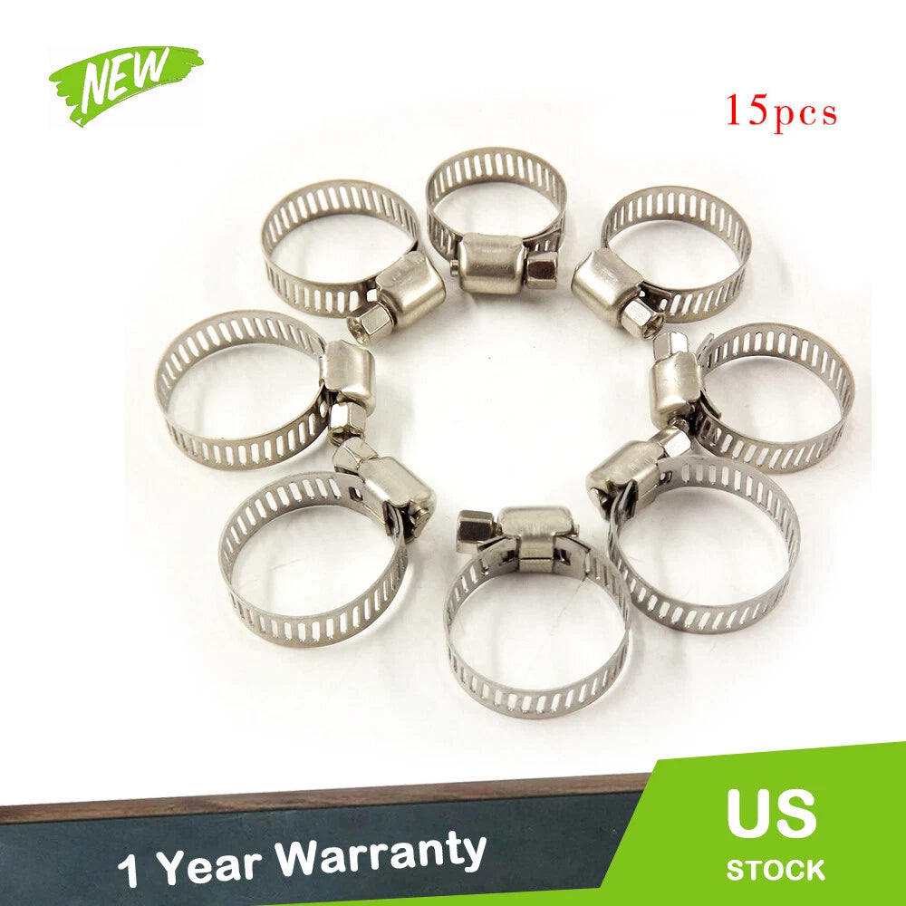 Set of 15 Stainless Steel Drive Hose Clamps for Fuel Line (8-12 mm)