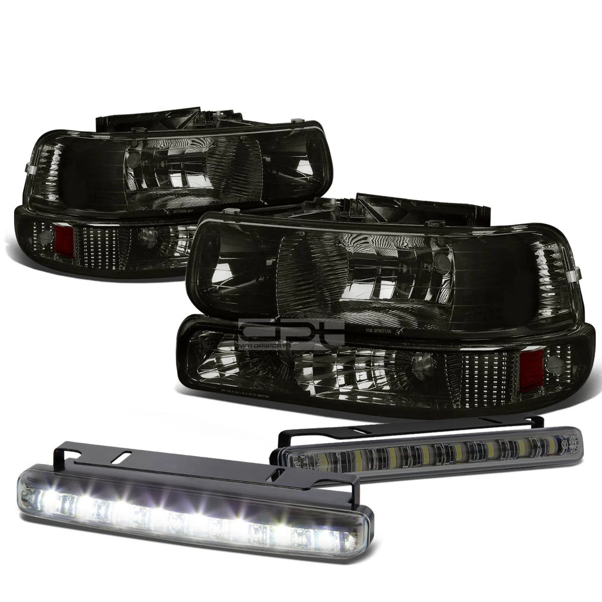 Set of 4 Smoked Housing Clear Lens Headlight & LED Fog Lights for Silverado (1999–2002)