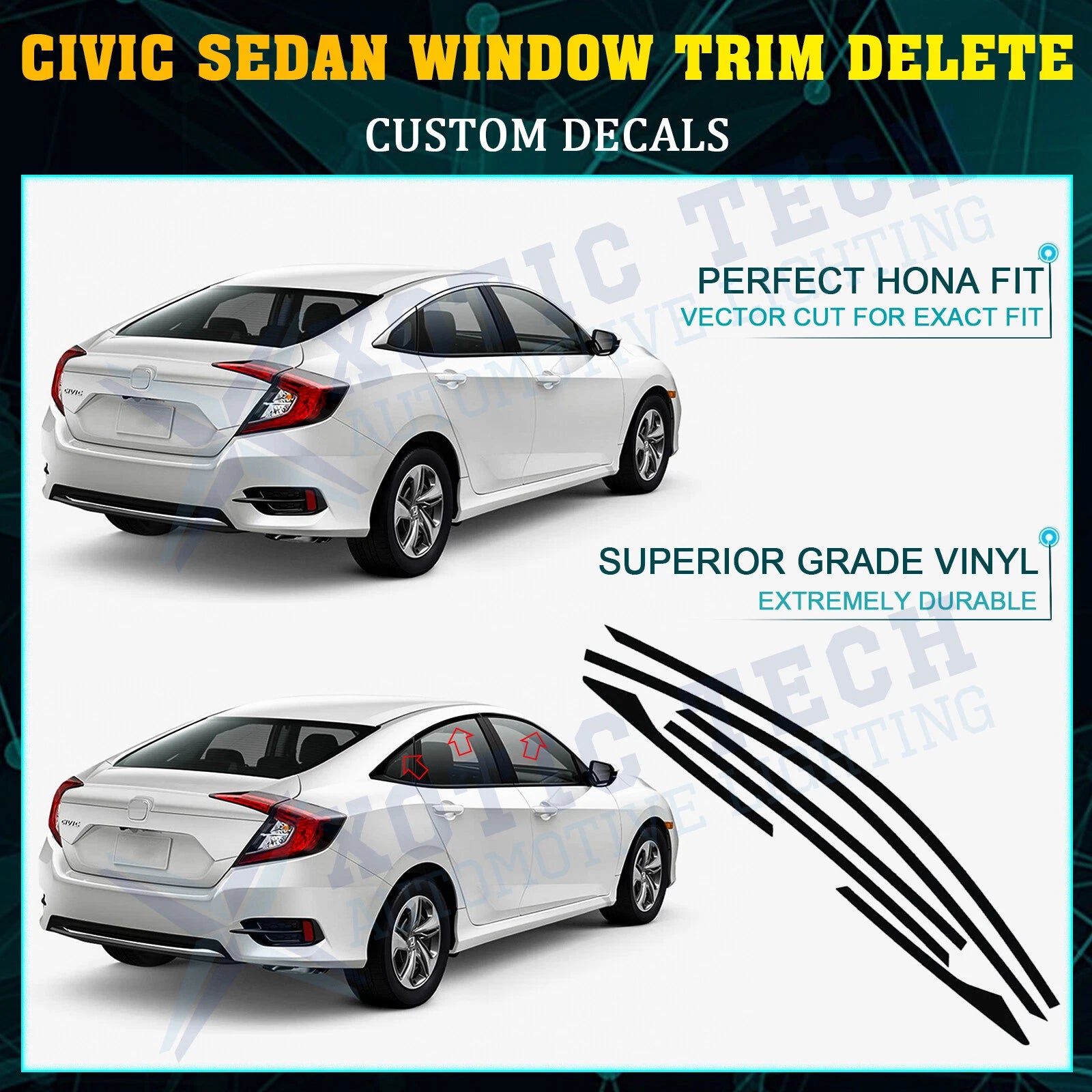 Chrome Delete Vinyl Blackout Window Trims for Honda Civic Sedan (2016-2021)