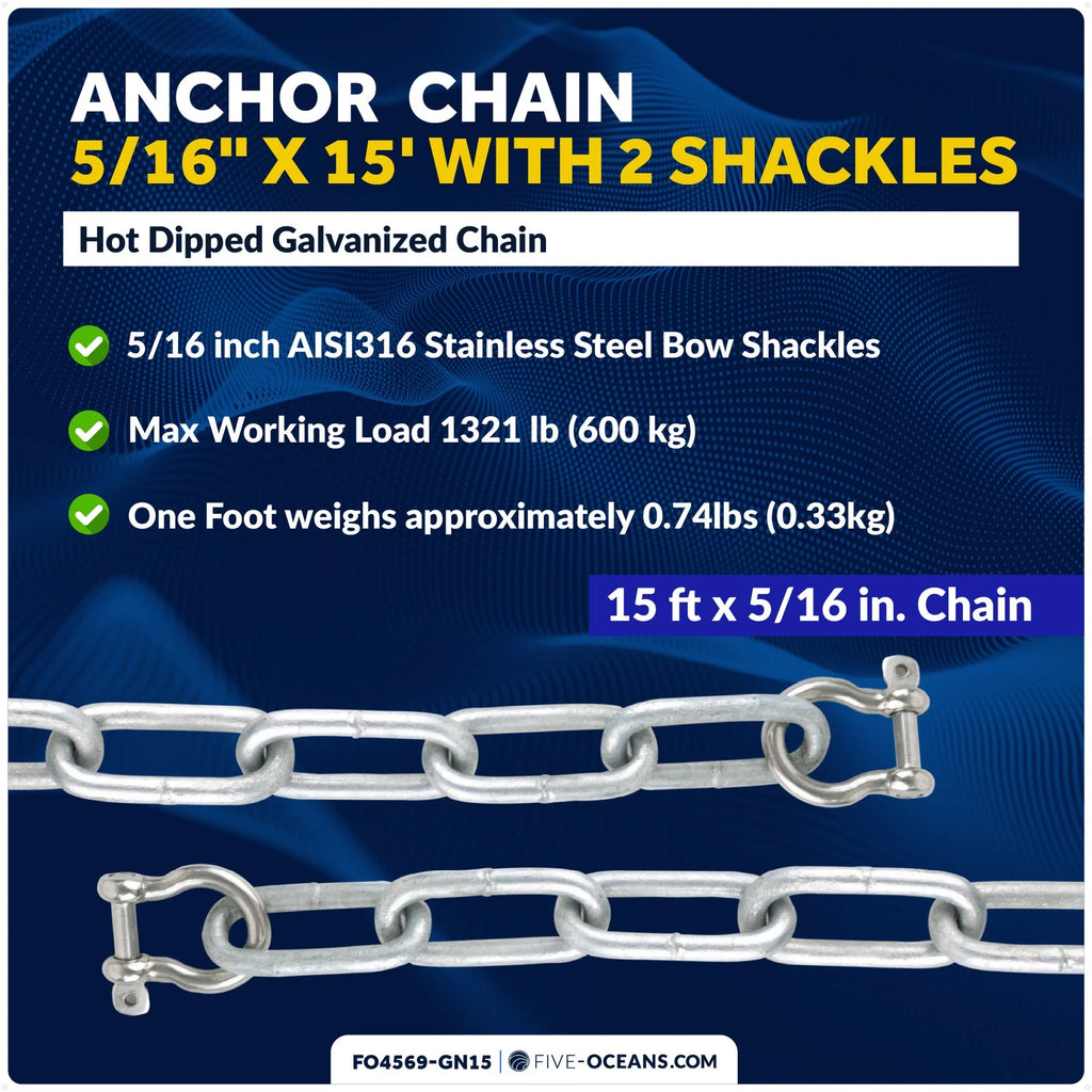 5/16" x 15' Galvanized Steel Lead Chain with Shackles for Boat Anchor