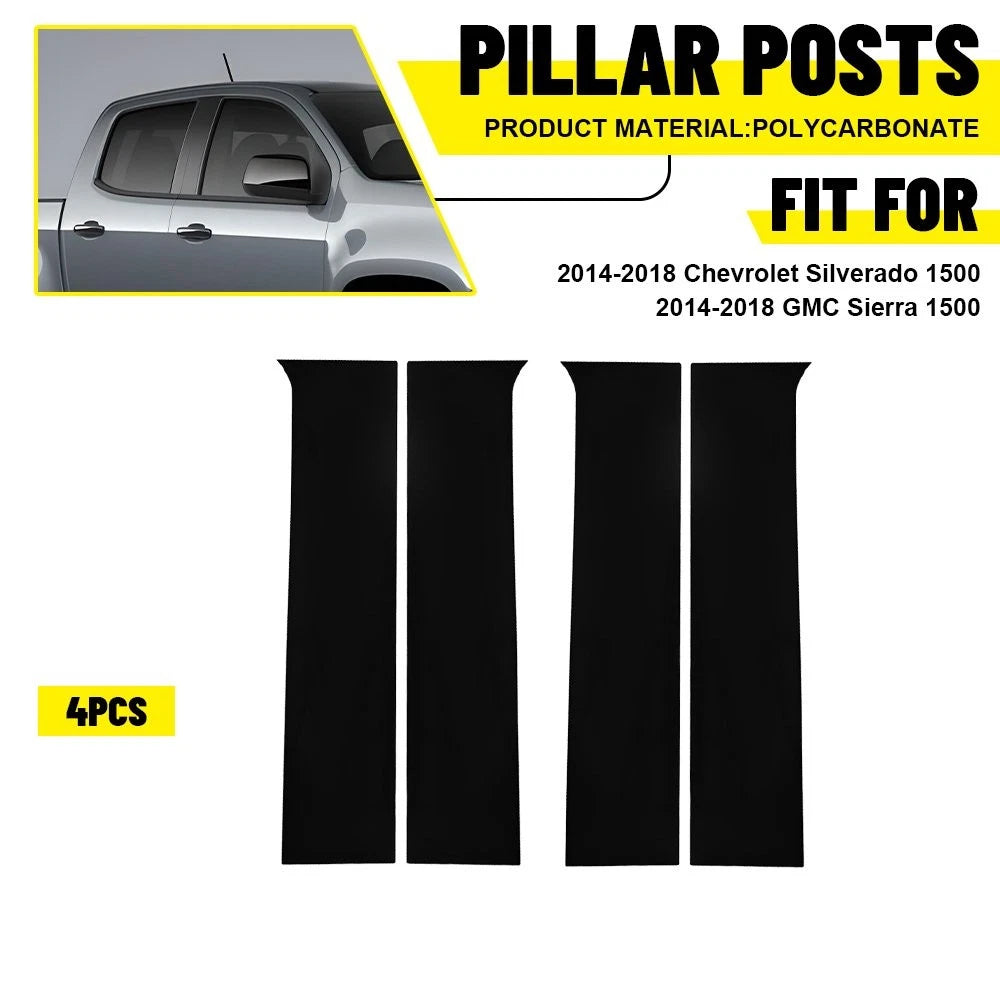 4X Gloss Black Door Pillar Post Cover Trim for Chevy Silverado 1500 (2014–2018)