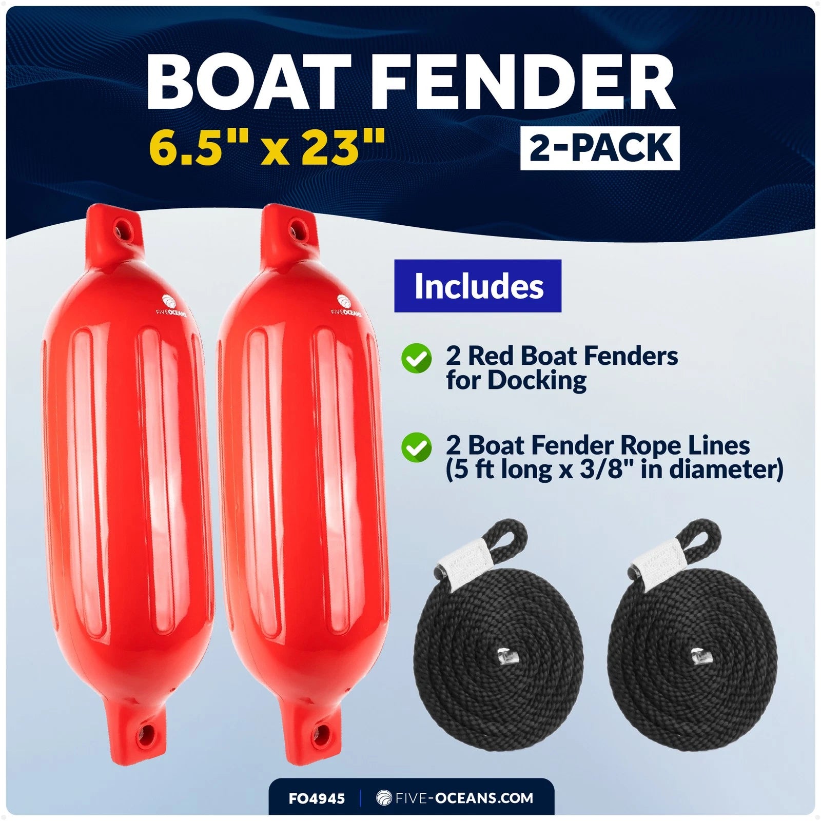 2-Pack Twin Eye Ribbed Boat Fenders 6.5 x 23-Inch, Red