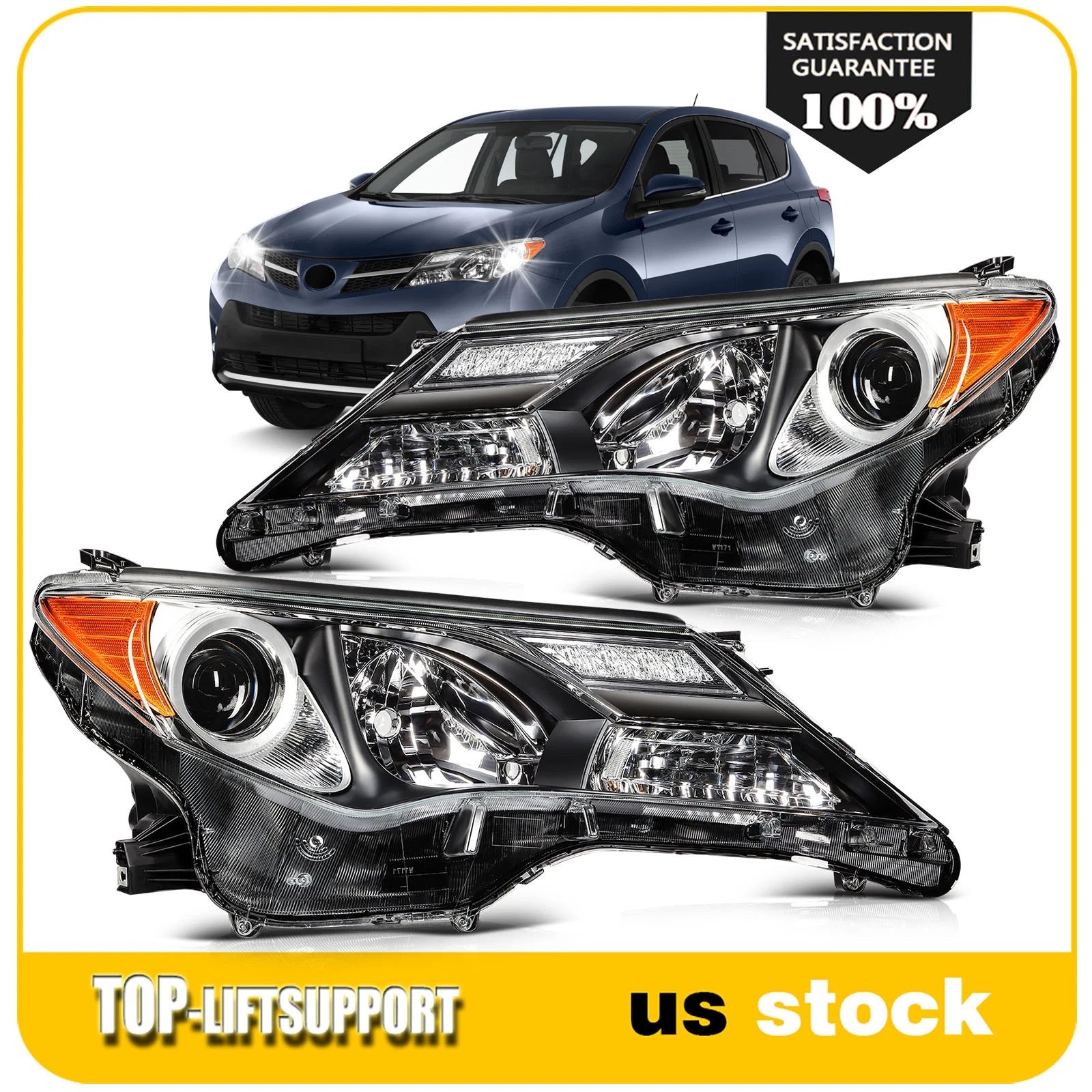 2X Headlight Assembly for Toyota RAV4 (2013–2015) Black Amber Housing