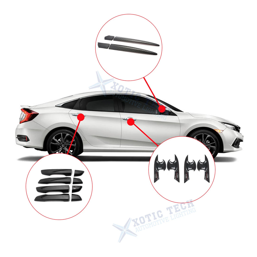 Carbon Fiber Look Door Handle Side Mirror Stripes Cover Kit for Civic (2016–2021)