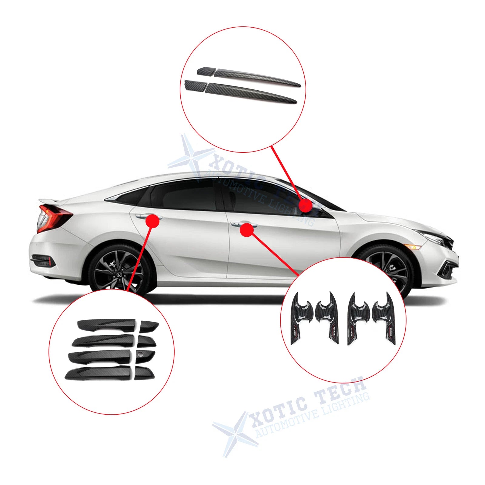 Carbon Fiber Look Door Handle Side Mirror Stripes Cover Kit for Civic (2016–2021)