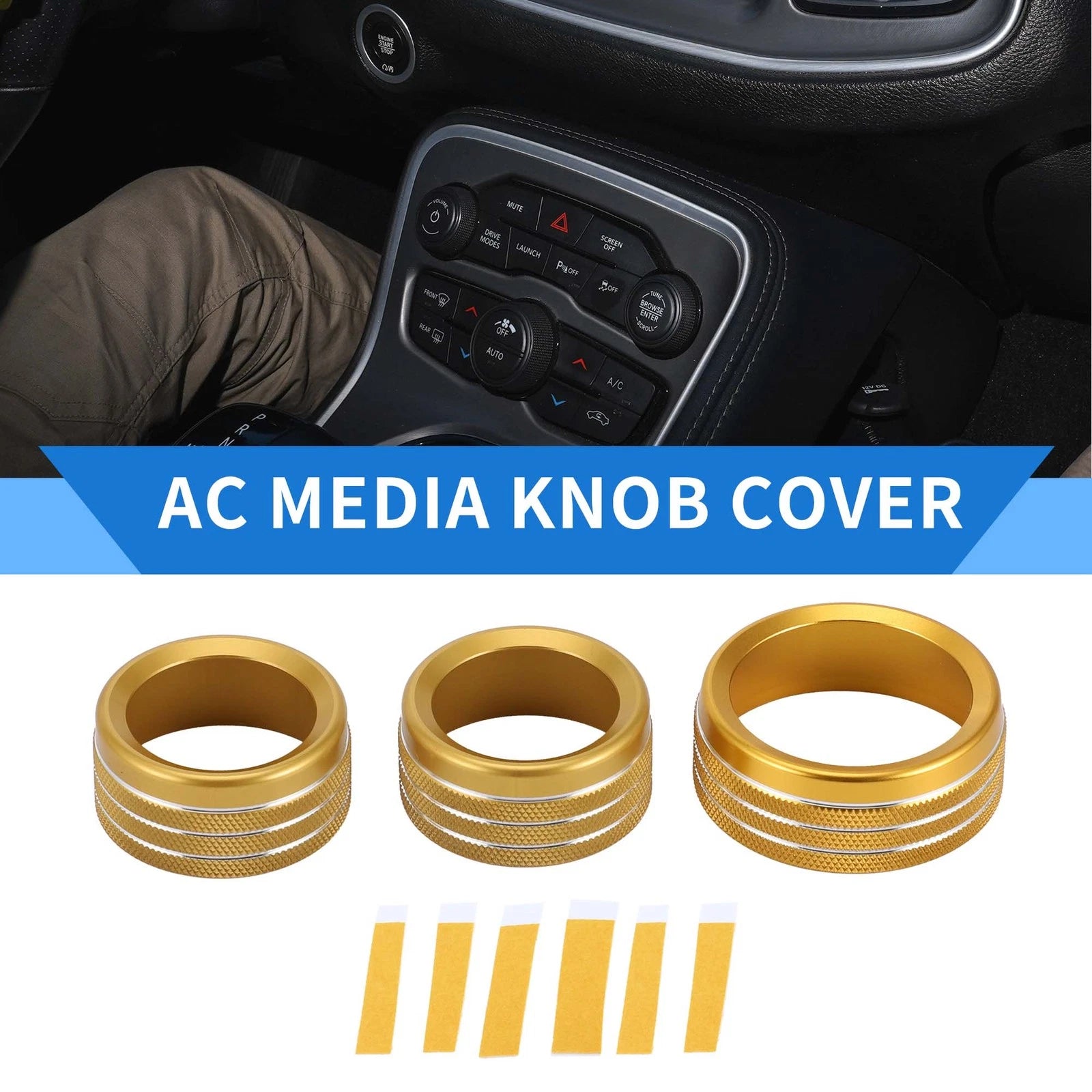 3X AC Media Tune Switch Knob Cover Ring for Dodge Challenger (2015–2019) Gold Tone