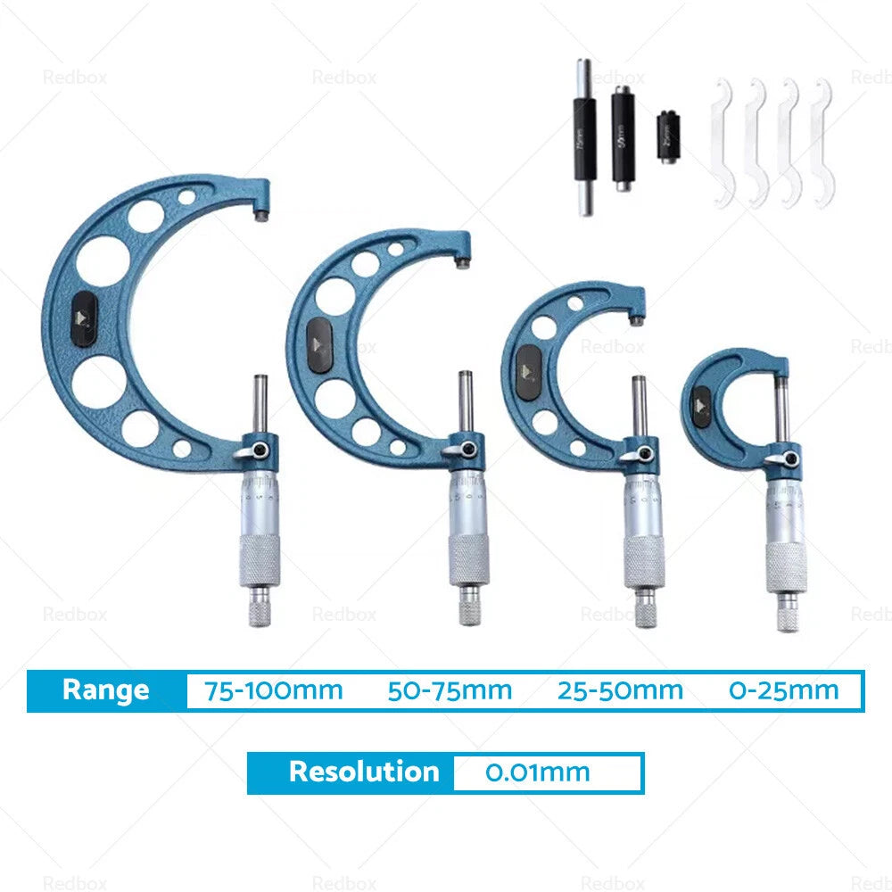 Set of 4 Outside Micrometers 0-100mm 0.01mm for Machinist Tool