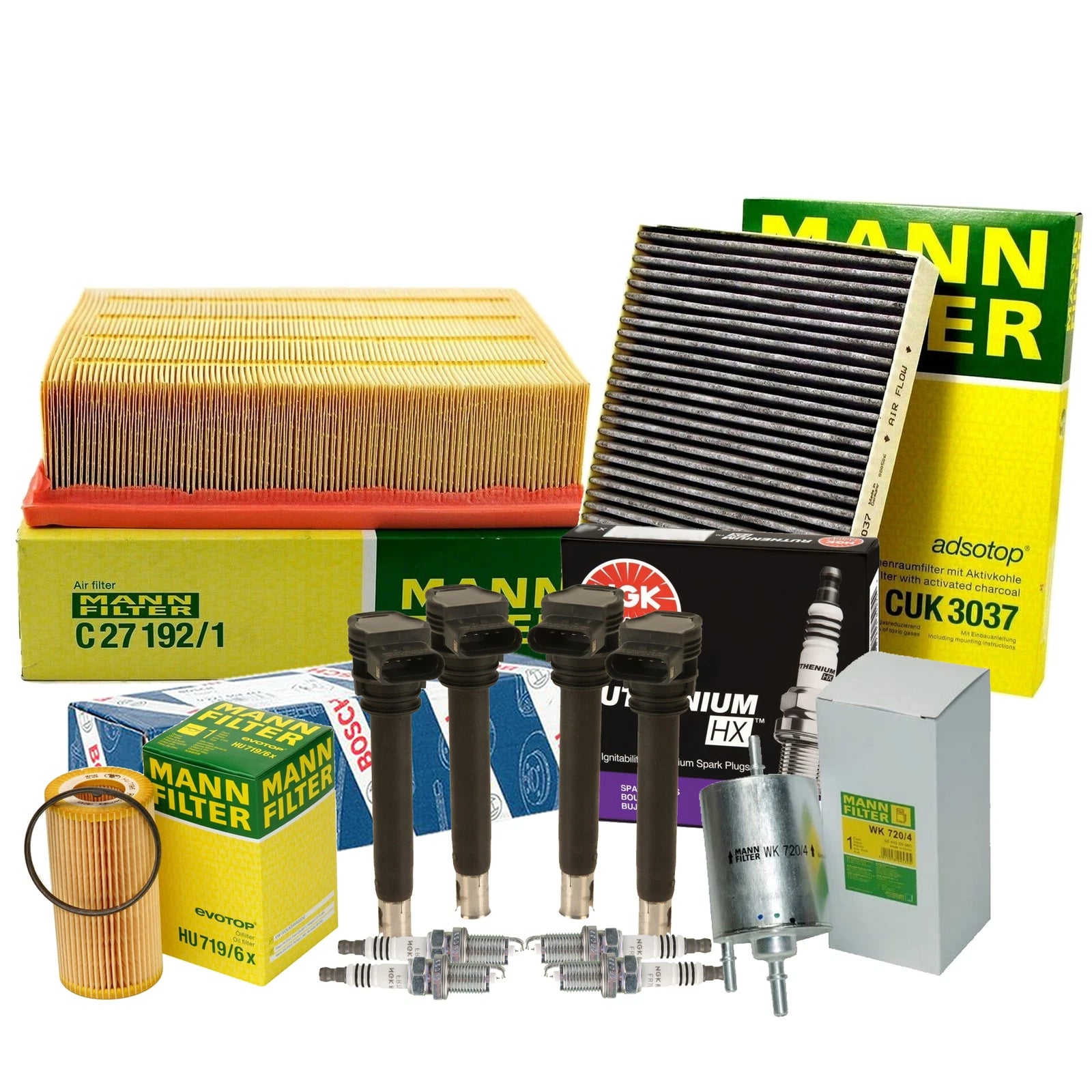 Set of 4 Mann Filters & 4 NGK Ruthenium HX Spark Plugs for Audi L4