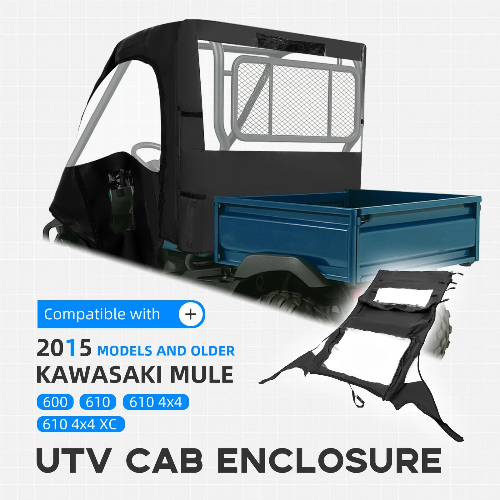 Black Soft Door UTV Cab Enclosure for Kawasaki Mule 600 610 4x4 (2005–2016)