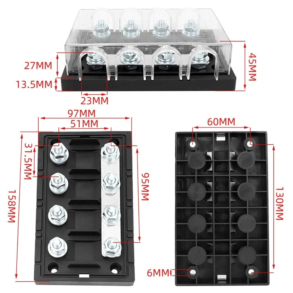 4 Way Fuse Block with Copper Bus Bar for Car Truck Marine