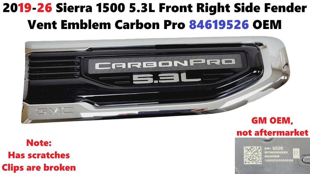 Front Right Fender Vent Emblem for Sierra 1500 (2019–2026) Carbon Pro 84619526
