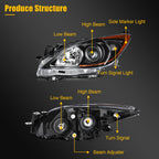 Headlight Assembly Pair for Mazda 3 (2010–2013) Black w/Amber