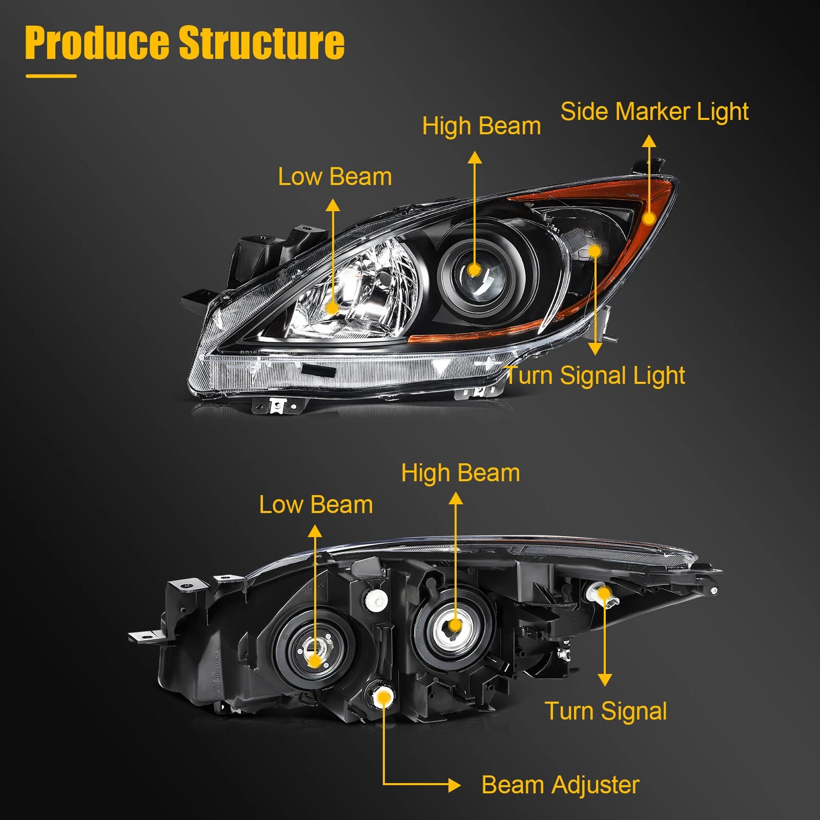 Headlight Assembly Pair for Mazda 3 (2010–2013) Black w/Amber