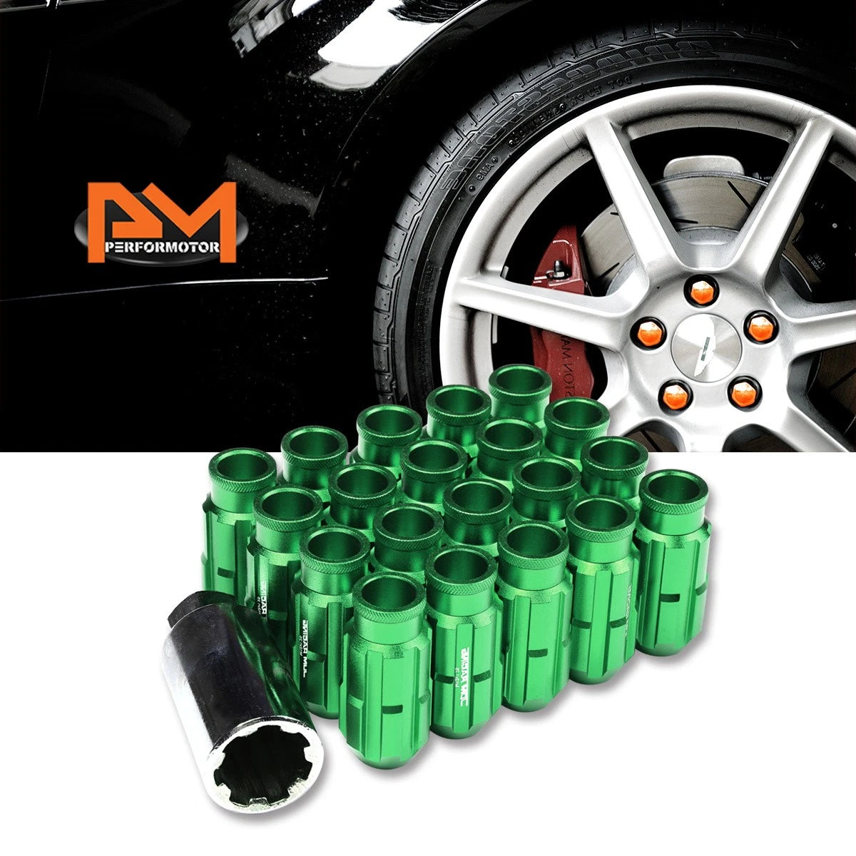 20Pc M12X1.25 Green JDM Open End Bulge Spline Wheel Lug Nuts + Lock Key