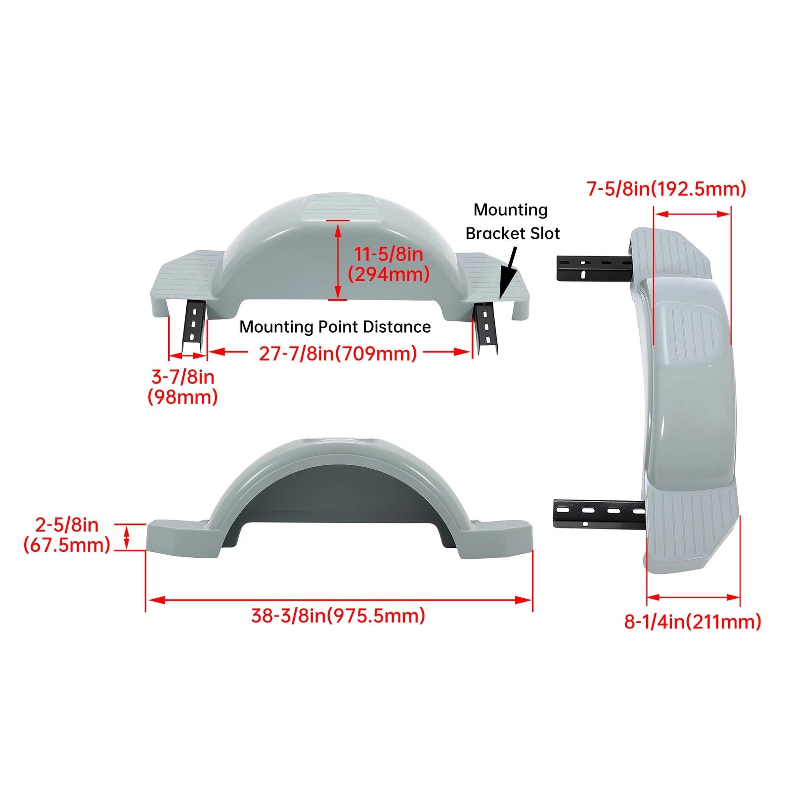 Set of 2 Single Axle Trailer Fenders for 13" Wheels (Gray/Black/White)