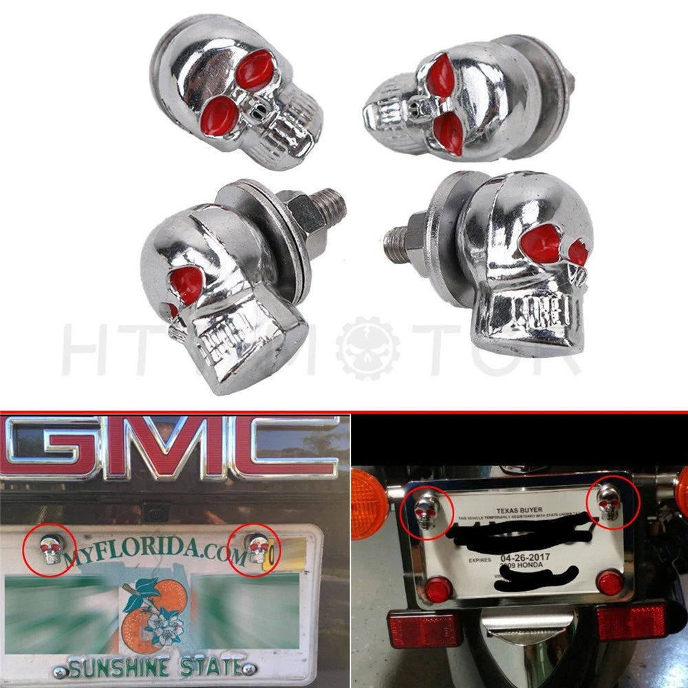 Set of 4 Chrome Skull License Plate Frame Bolts Screws 6mm Red Eye