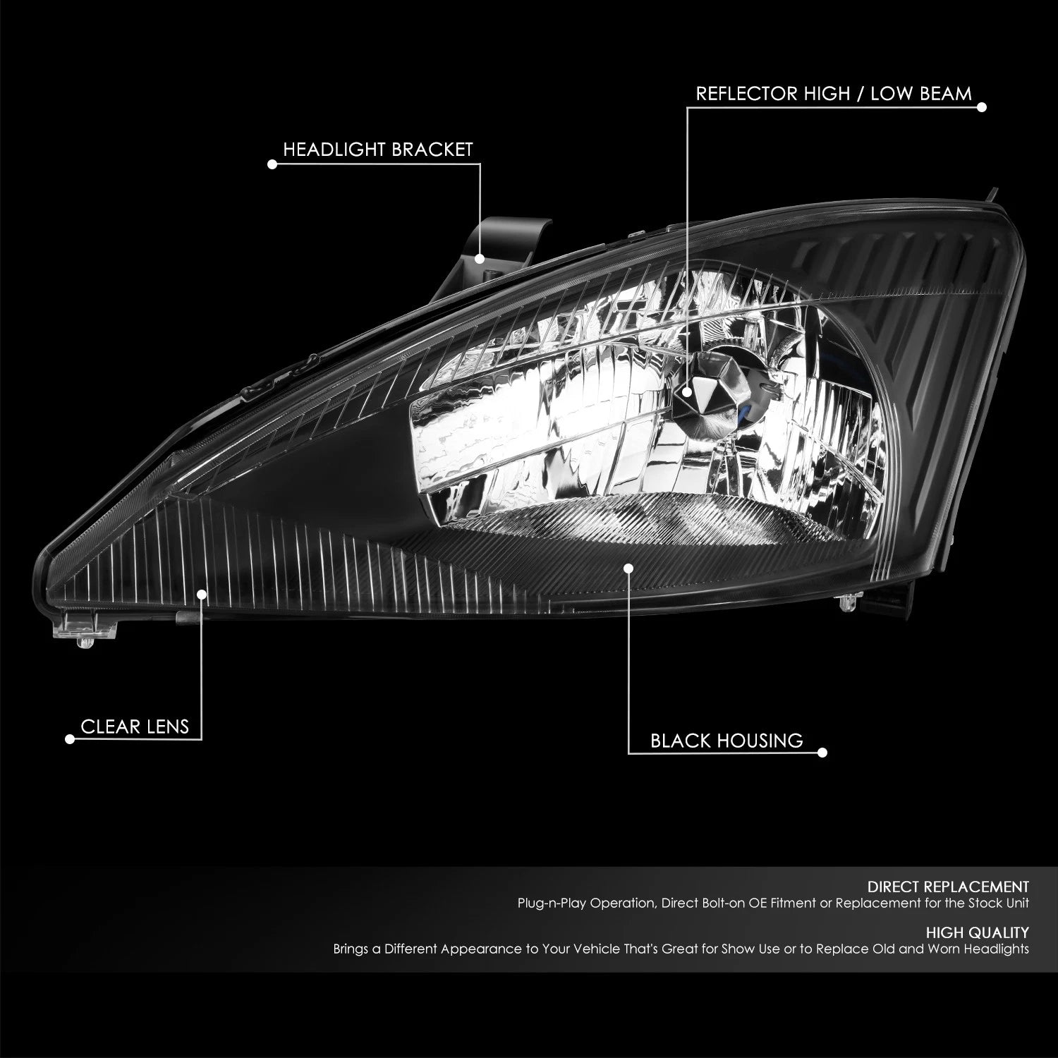 Headlight Lamp Assembly for Ford Focus (2003–2004) Driver Side Black Housing