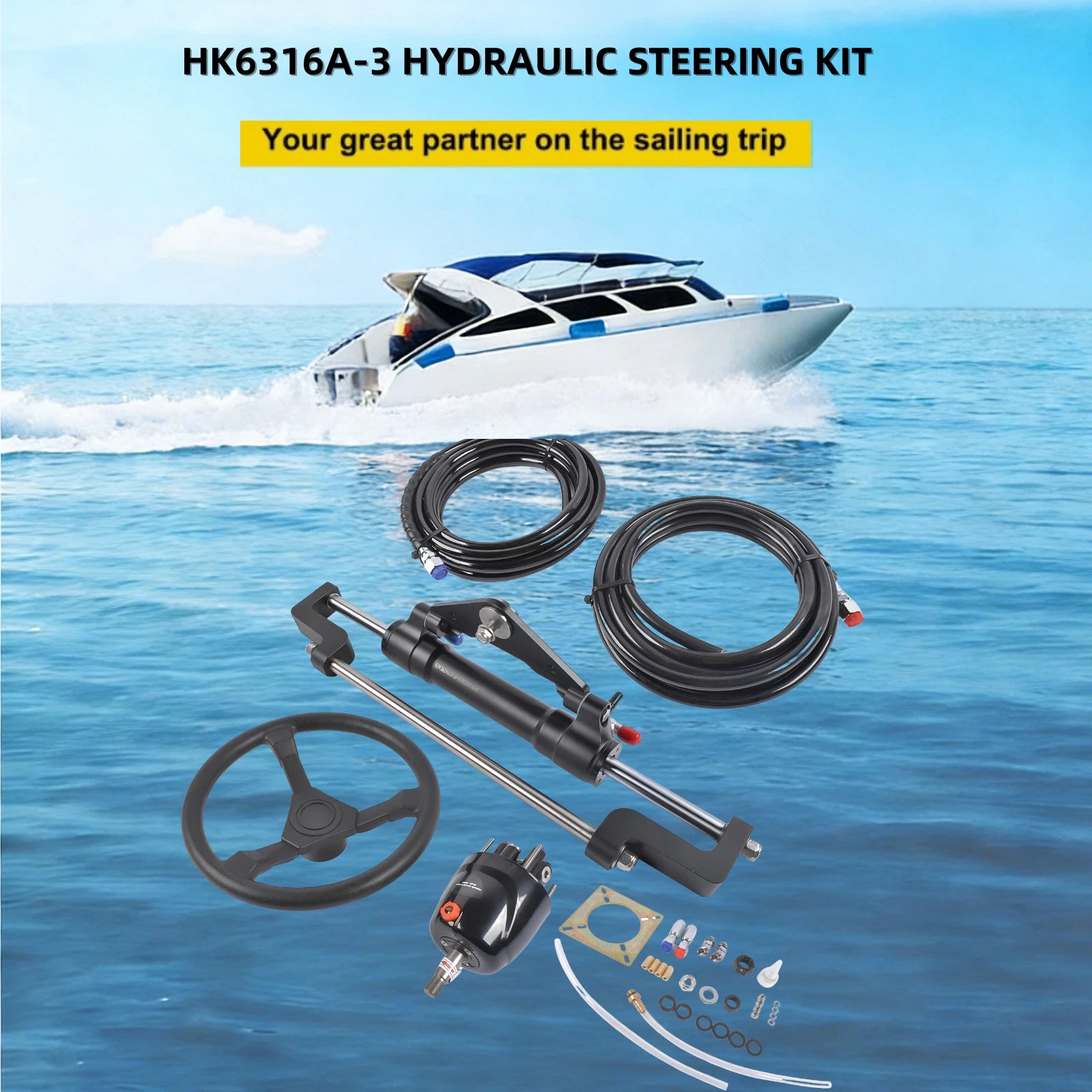 Hydraulic Outboard Boat Steering Kit for 300HP (16ft Hoses)