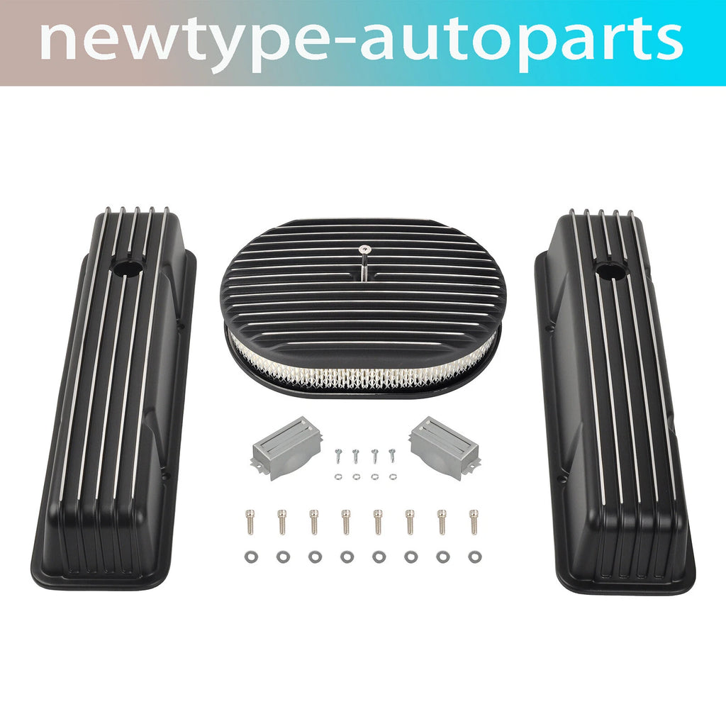 Valve Covers & 12" Oval Air Cleaner for SBC Chevy (1958–1986) Finned Tall Black
