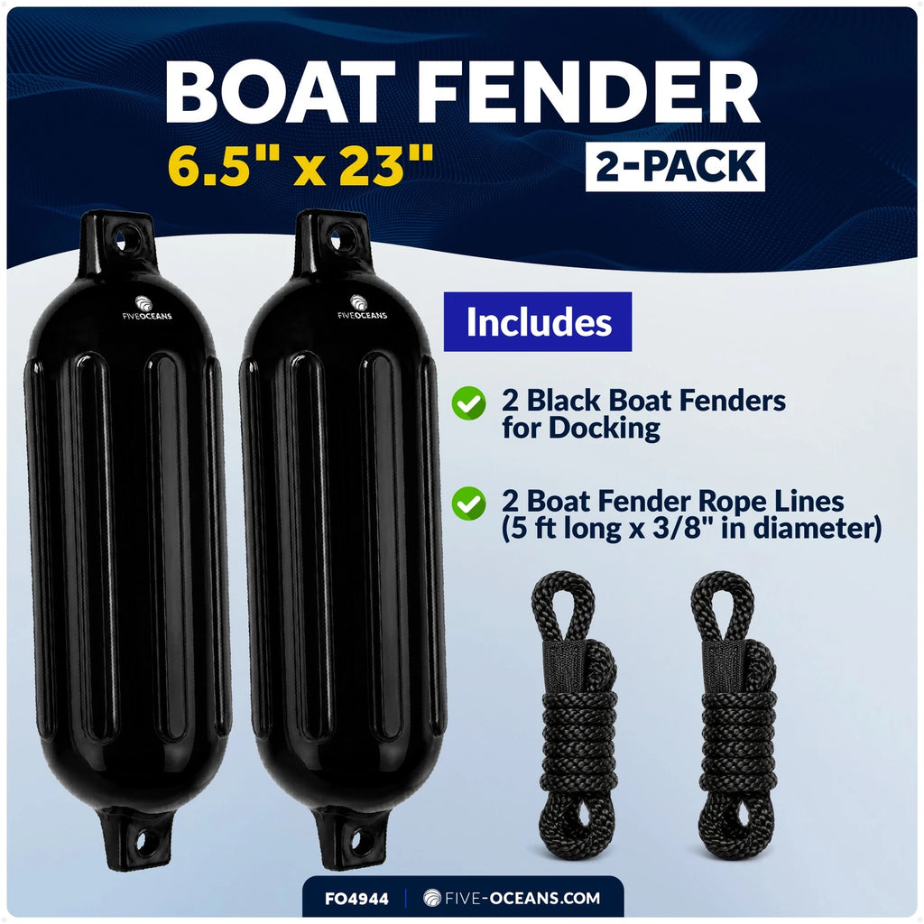 2-Pack Twin Eye Ribbed Boat Fenders 6.5 x 23 Inch, Black
