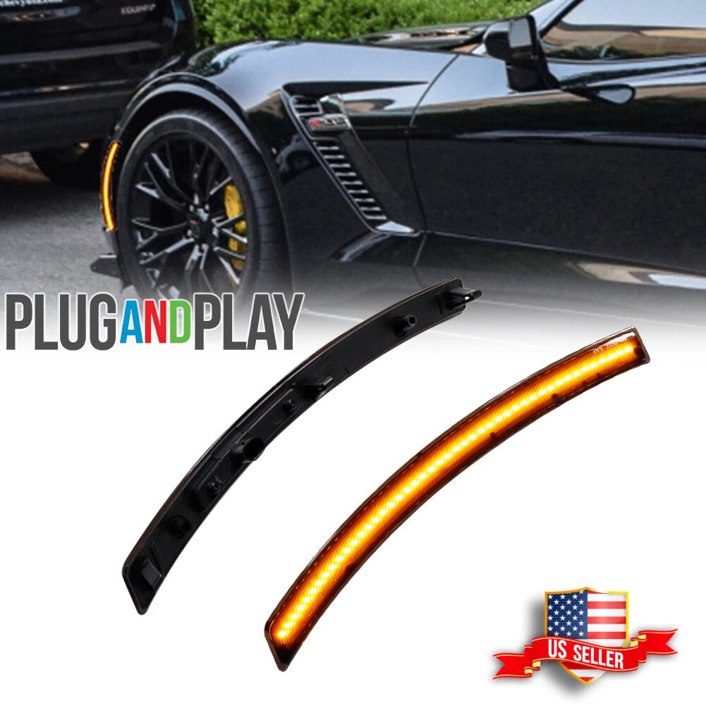 2X Smoke Lens Amber LED Front Side Marker Light for Chevy Corvette C7 (2014–2019)