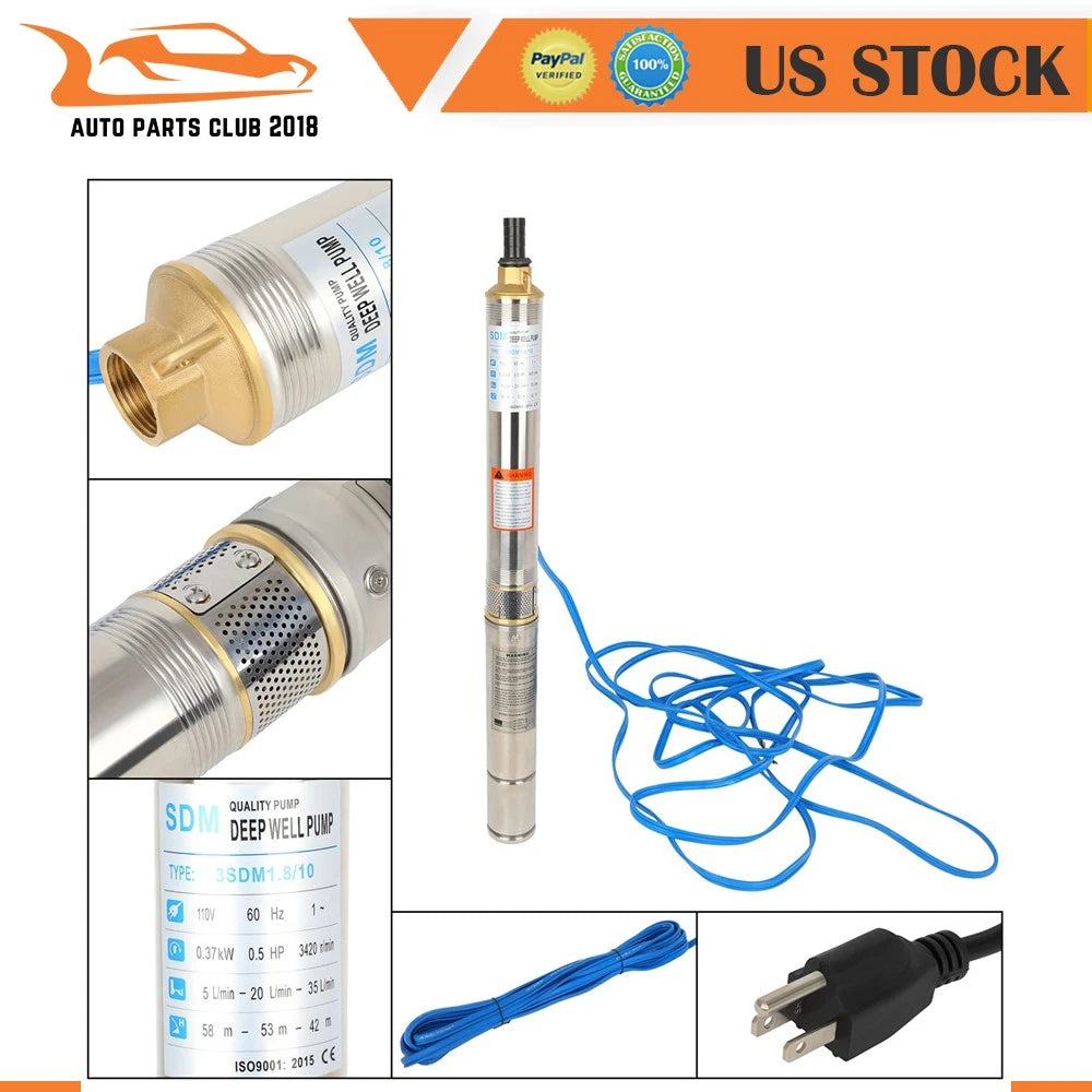 10m Flat Blue Cable for Deep Well Pump Submersible 370W 110V/60Hz